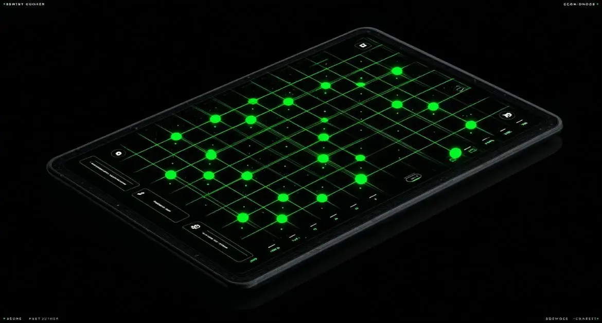 Tablet lying flat on a black surface displaying a digital grid interface with glowing green nodes, representing a futuristic or cyber-themed control or strategy system.