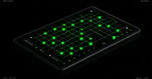 Tablet lying flat on a black surface displaying a digital grid interface with glowing green nodes, representing a futuristic or cyber-themed control or strategy system.