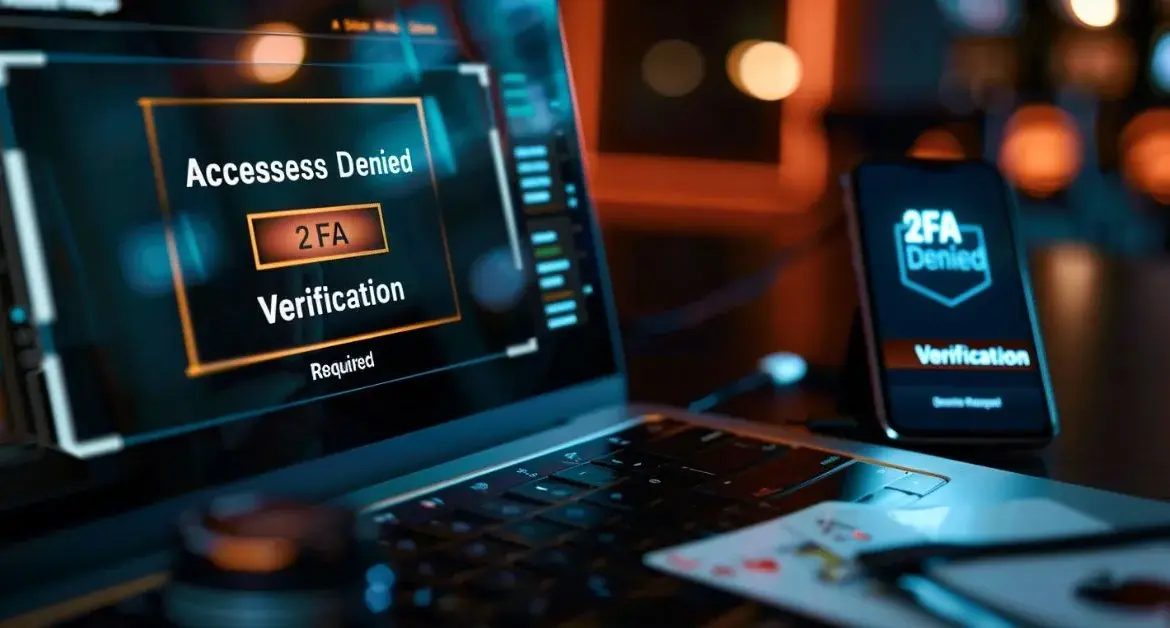 Laptop and smartphone displaying online casino access denied and 2FA verification screens, representing casino login authentication issues.