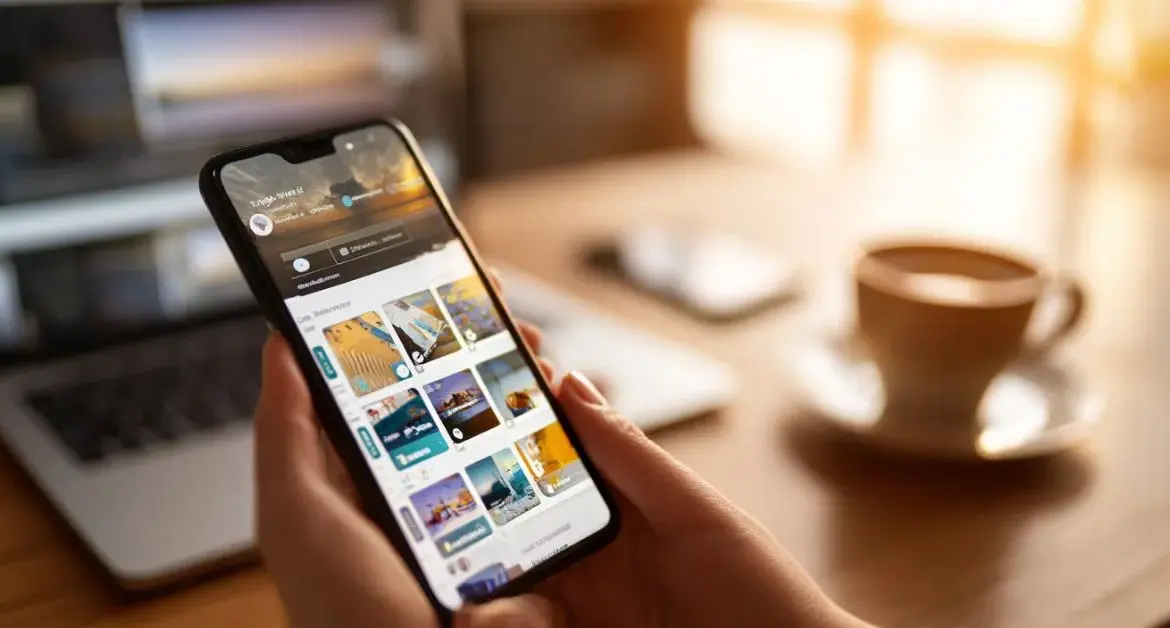 Hand holding a smartphone displaying a mobile app interface with multiple image thumbnails, in front of a blurred laptop and coffee cup, representing browsing or interacting with digital content in a warm indoor setting.
