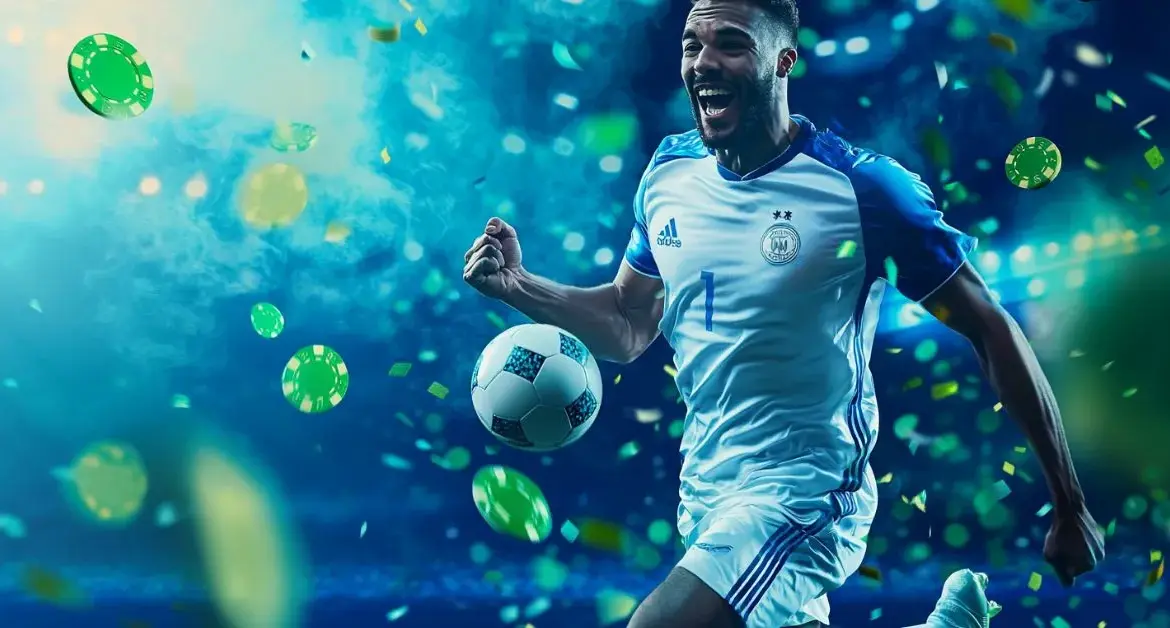 Soccer player celebrating a goal in a stadium with confetti and green poker chips flying around, representing sports betting and casino promotions.