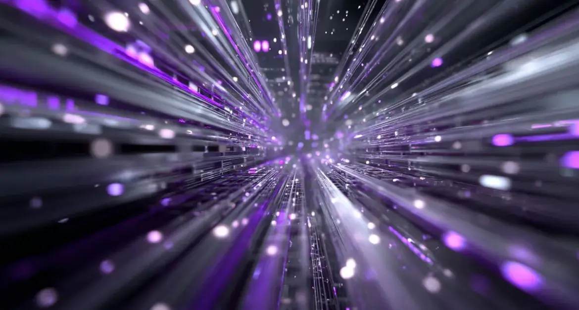 Abstract digital tunnel of light with purple and white streaks converging toward a central point, representing high-speed data transfer or futuristic network connections.