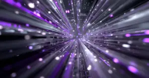 Abstract digital tunnel of light with purple and white streaks converging toward a central point, representing high-speed data transfer or futuristic network connections.